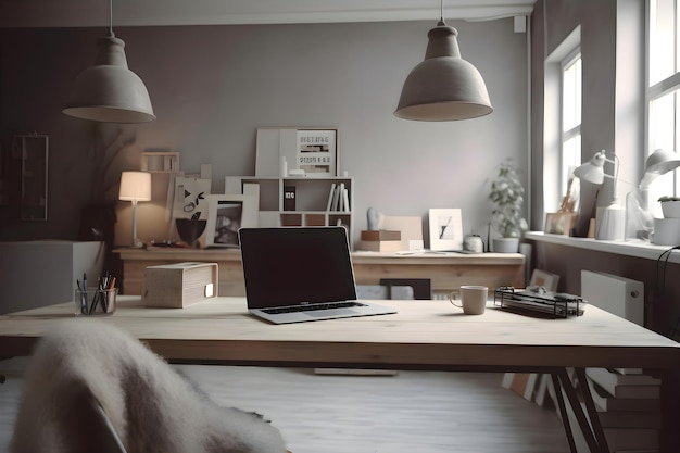 Фото Рабочее место с ноутбуком на деревянном столе в современном офисе концепция рабочего места