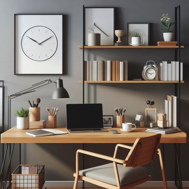 Photo workplace with laptop on table and bookshelf in modern room