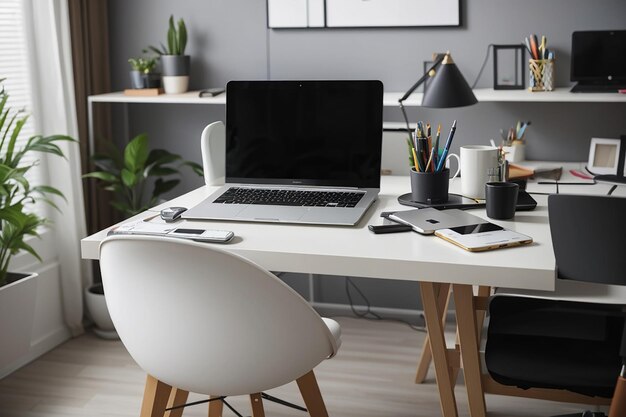 Workplace with laptop on table in modern room