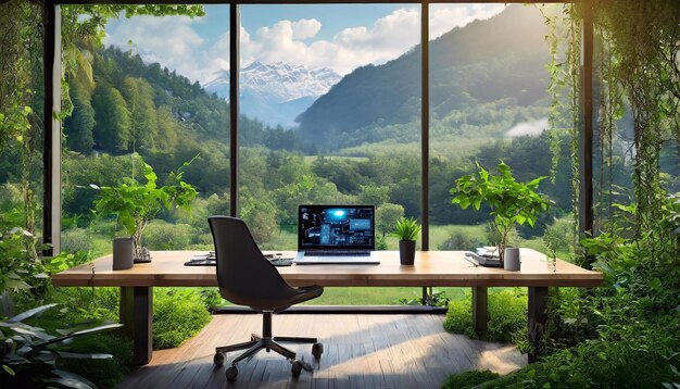 Photo workplace with mountain view and modern computer