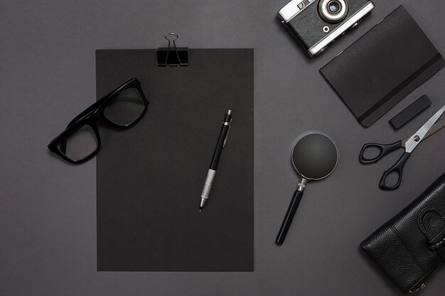 Workplace with office items and business elements on a desk concept for branding top view