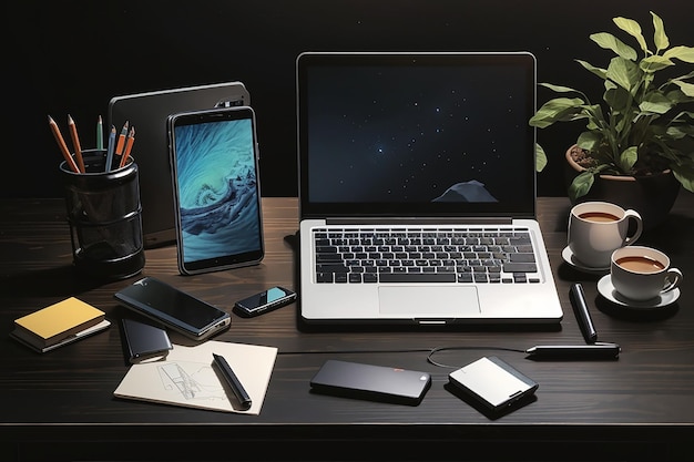 Workplace with smartphone laptop on black table top view copyspace background