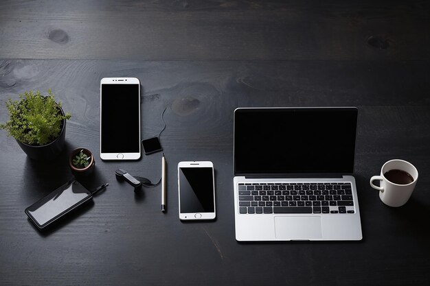 Workplace with smartphone laptop on black table top view copyspace background