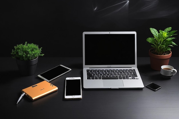 Workplace with smartphone laptop on black table top view copyspace background