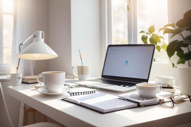 Workplace with white laptop notes and cup of tea on the table at home bright light coming from the window interior design concept