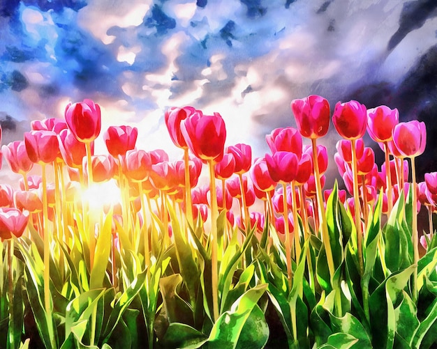 Photo the works in the style of watercolor painting pink tulip planta