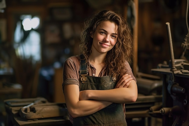 In a workshop a sensual female craftsman is captured in a portrait wearing a slight smile that ref