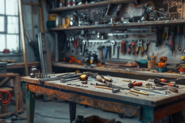 Workshop tools on table and board