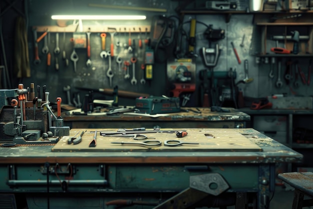 Workshop tools on table and board