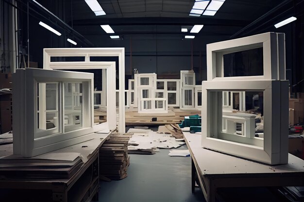 A workshop with a variety of plastic windows being manufactured