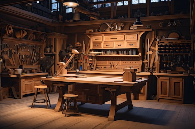 Workshop wooden workbench with hand tools neatly organized on top