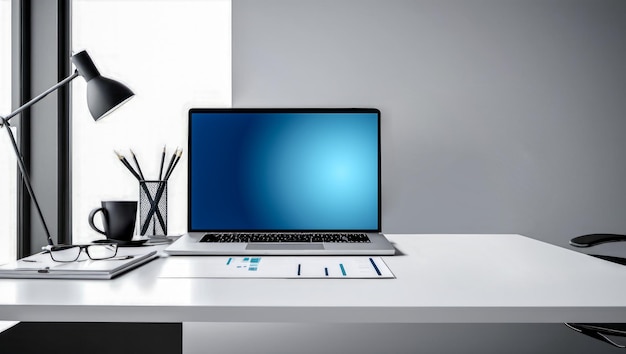 作業スペースの空白画面 ラップトップコンピュータと機器のテーブルと灰色の壁の背景 オフィス作業スペース コンピュータと青い空白の空き画面