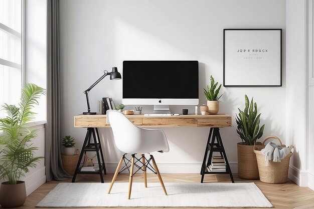 Workspace Bliss Cozy Home Office Mockup with Blank White Walls