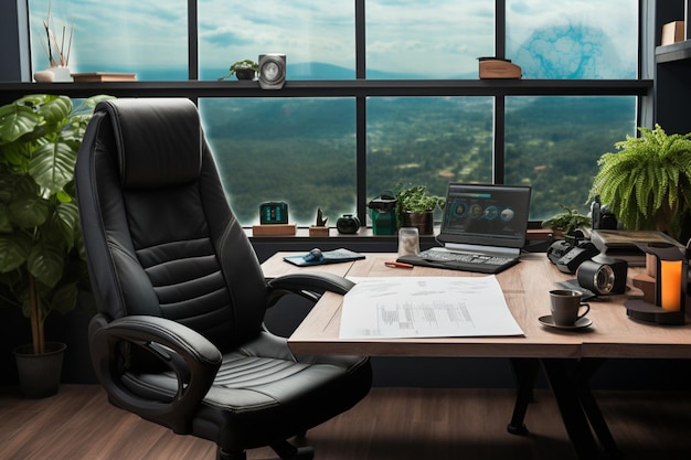 Premium AI Image | Workspace features desk and rotating chair poised