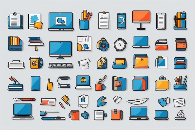 Photo workspace icons collection office essentials