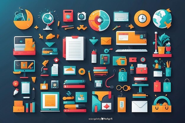 Photo workspace icons collection office essentials