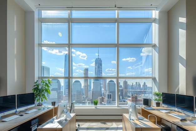 Photo workspace interior with panoramic window created with generative ai