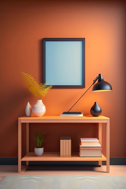 Workspace office table with books vase and office supplies on wooden desk and bright brown wall