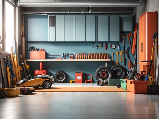 Photo workspace revved up interior garage with mechanic tools