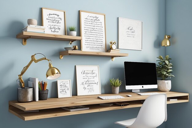 Workspace Serenity Floating Shelf Desk and Motivational Quotes Ensemble