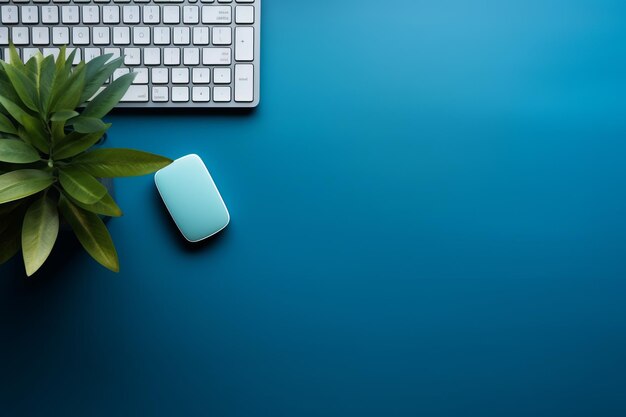 Workspace Serenity A Tranquil Blue Table with Keyboard Wooden Objects and Lush Plant A Captivat