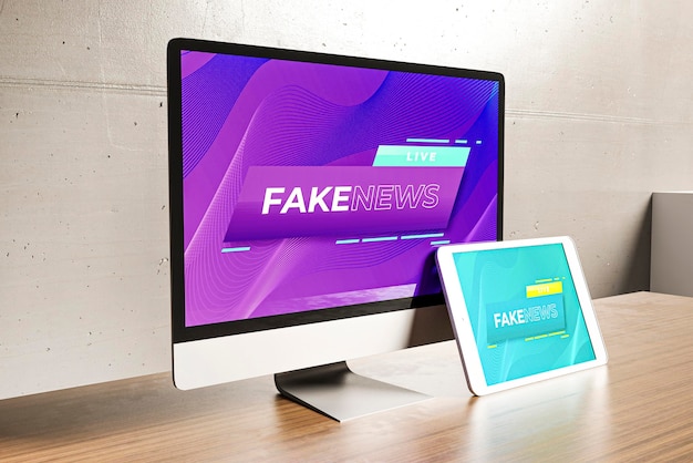 写真 コンピューターとフェイクニュースのあるワークスペース