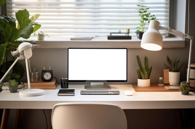 Workspace with computer and supply on table Empty screen computer with Generate Ai High quality photo