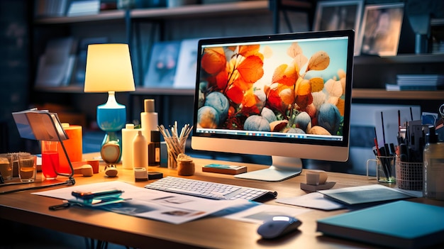 Workspace with a desktop computer stationery and personal memorabilia