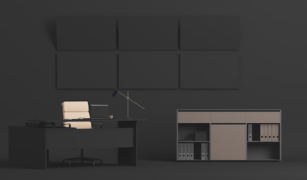 Workspace with an empty computer and monitor on the wall Black minimal office table desk 3d render