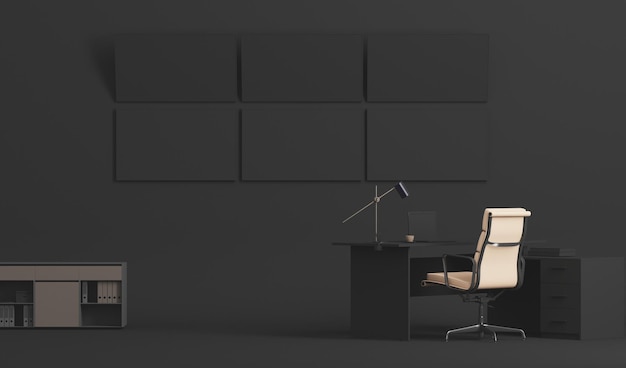 Workspace with an empty computer and monitor on the wall Black minimal office table desk 3d render