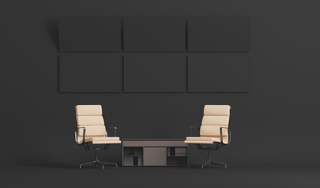 Workspace with an empty computer and monitor on the wall Black minimal office table desk 3d render