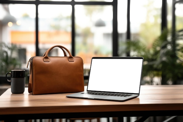 Workspace with laptop computer empty screen and office supply on wooden table Ai generate