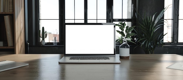 Workspace with a laptop computer on the table and a blank screen for mockup