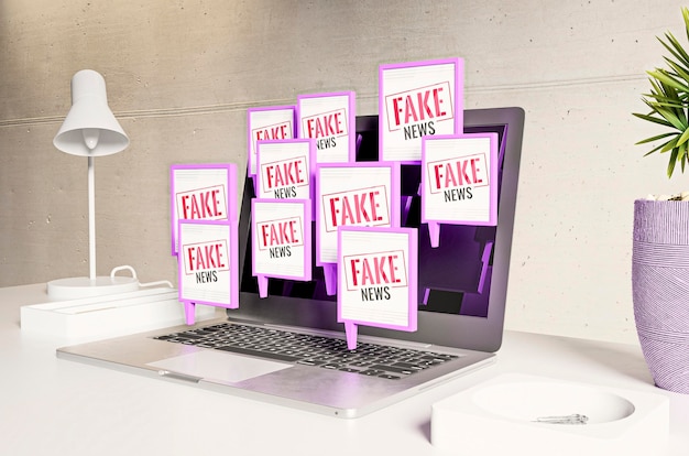 Foto area di lavoro con laptop e fake news