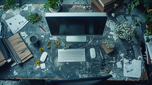 Foto spazio di lavoro con tastiera portatile, telefono, nota di caffè e fiori sullo sfondo in legno