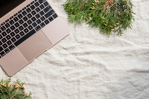 Workspace with laptop and shadows. Stylish office desk. Autumn or Winter . Christmas . Flat lay, top view