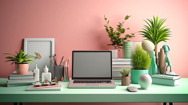 Workspace with laptop smartphone pencils trendy headphones and botanical elements