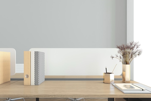 Workspace with minimalist desk and wood top gray wall 3D rendering