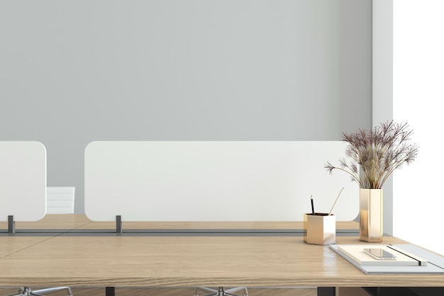 Workspace with minimalist desk and wood top gray wall 3d\
rendering