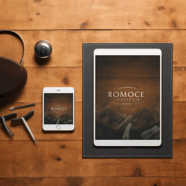 Photo workspace with phone headphones tablet mockup and other items