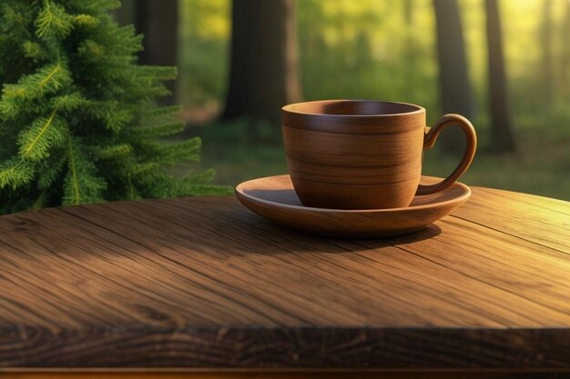 Workspace with some empty space on wooden table clean desk setup on coffee cup