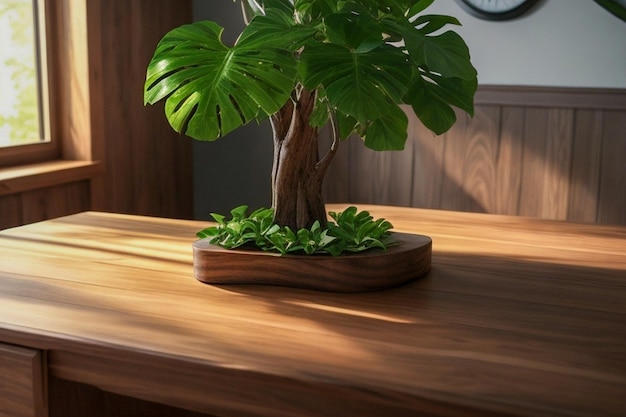 Workspace with some empty space on wooden table Home clean desk setup small house plants