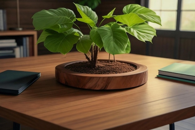 Workspace with some empty space on wooden table Home clean desk setup small house plants