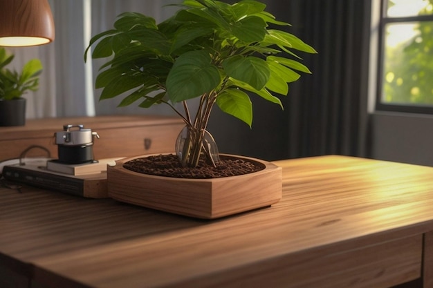 Workspace with some empty space on wooden table Home clean desk setup small house plants
