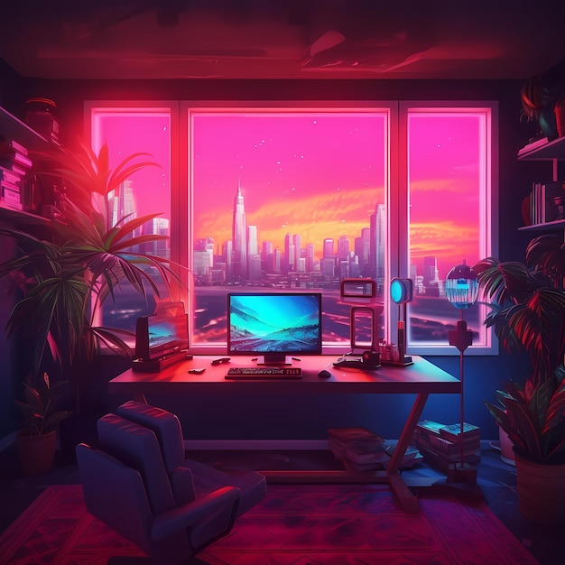 Premium AI Image | Workspace With A View Of The City At Sunset