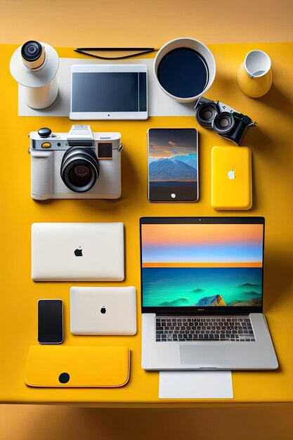 Foto area di lavoro sul tavolo giallo di un designer creativo o fotografo con altre fotocamere per tablet portatili