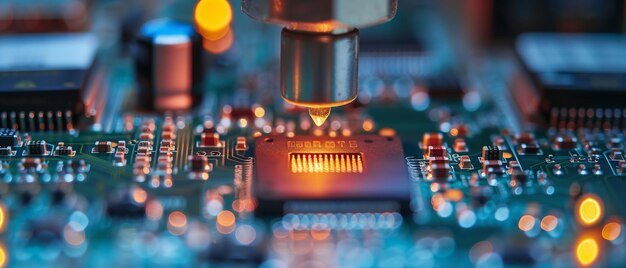 Foto stazione di lavoro per schede per circuiti stampati collegata a un montatore di chip controllato e spazio ia generativa