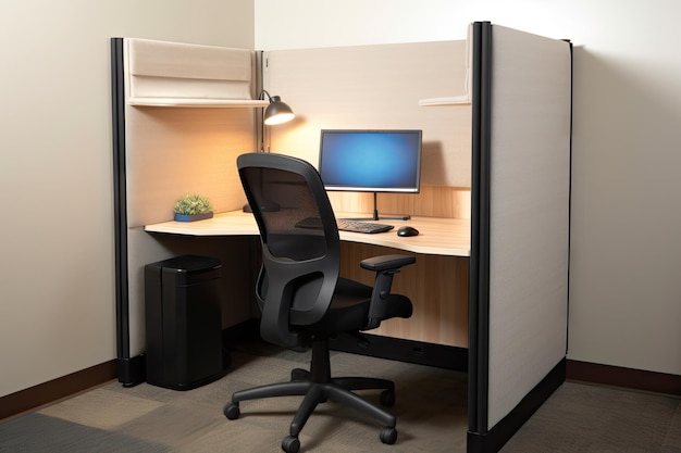 Foto postazione di lavoro con sedia accogliente da scrivania regolabile in altezza e schermo per la privacy creato con intelligenza artificiale generativa