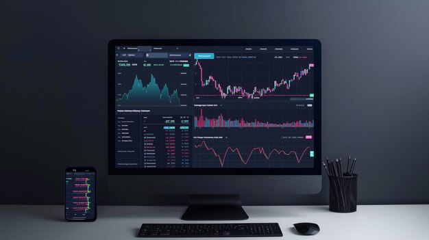 Workstation with real time stocks commodities and exchange market charts Generative ai