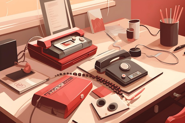 Photo a worktable with a red phone coffee